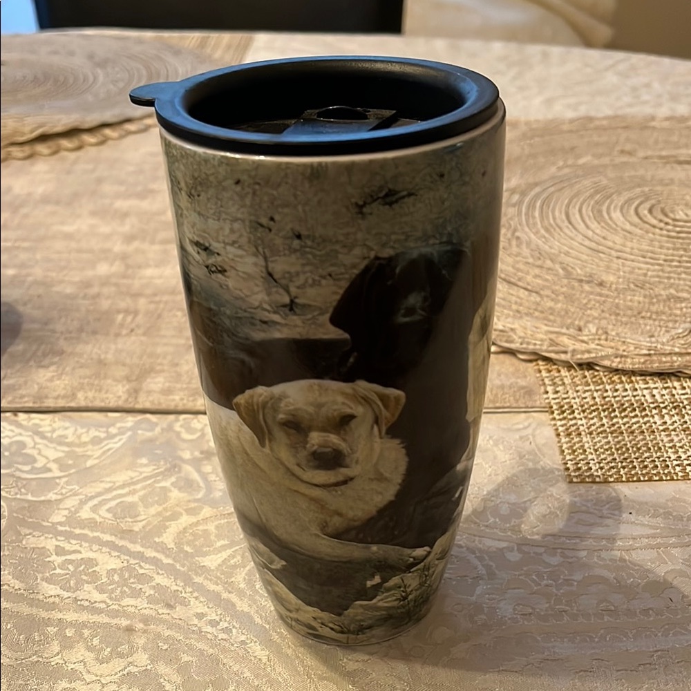 Black and Cream Artistic Dog Dining Mug with top by Cypress in EUC